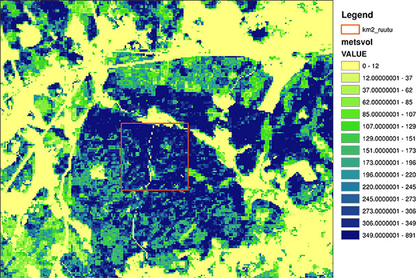 Maamme metsäisin neliökilometri Suomen digitaalisella metsävarakartalla. Kuva: Luonnonvarakeskus
